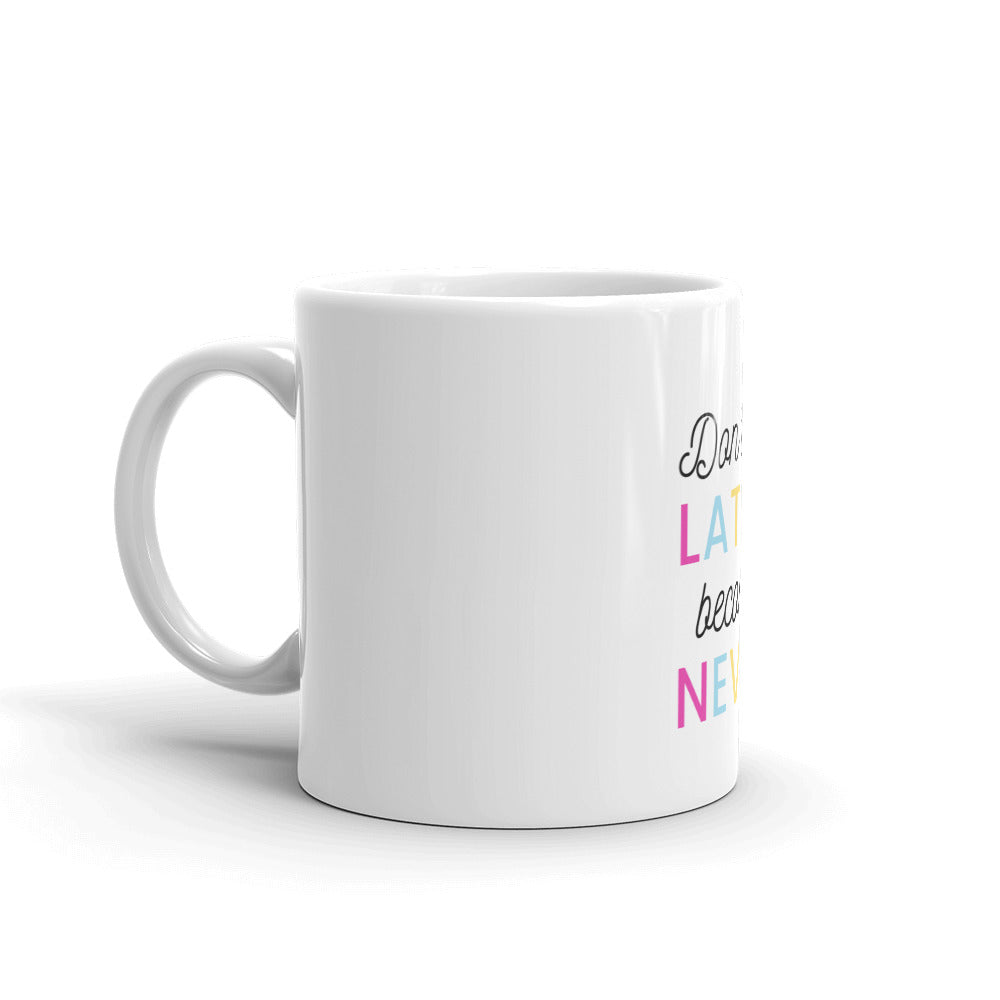 Later Never White Glossy Mug