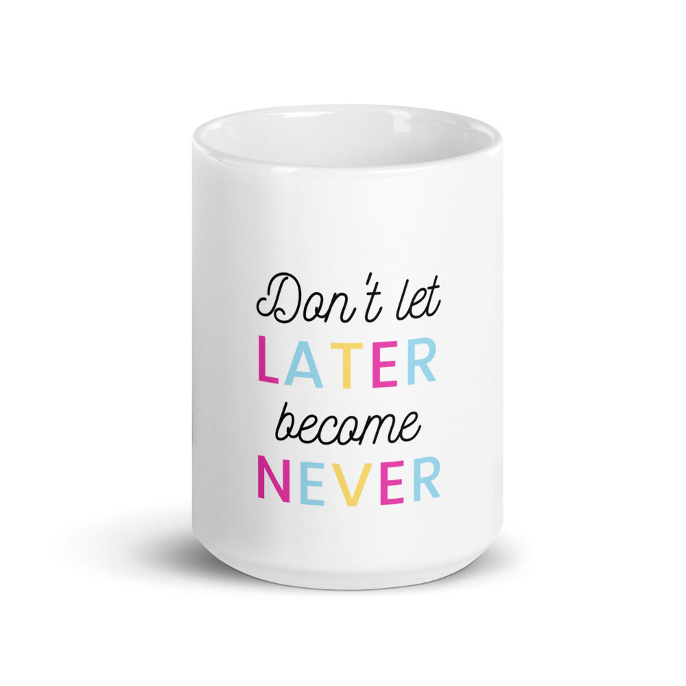 Later Never White Glossy Mug